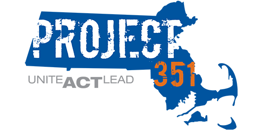 Project 351 logo in Massachusetts silhouette. Unite. Act. Lead.