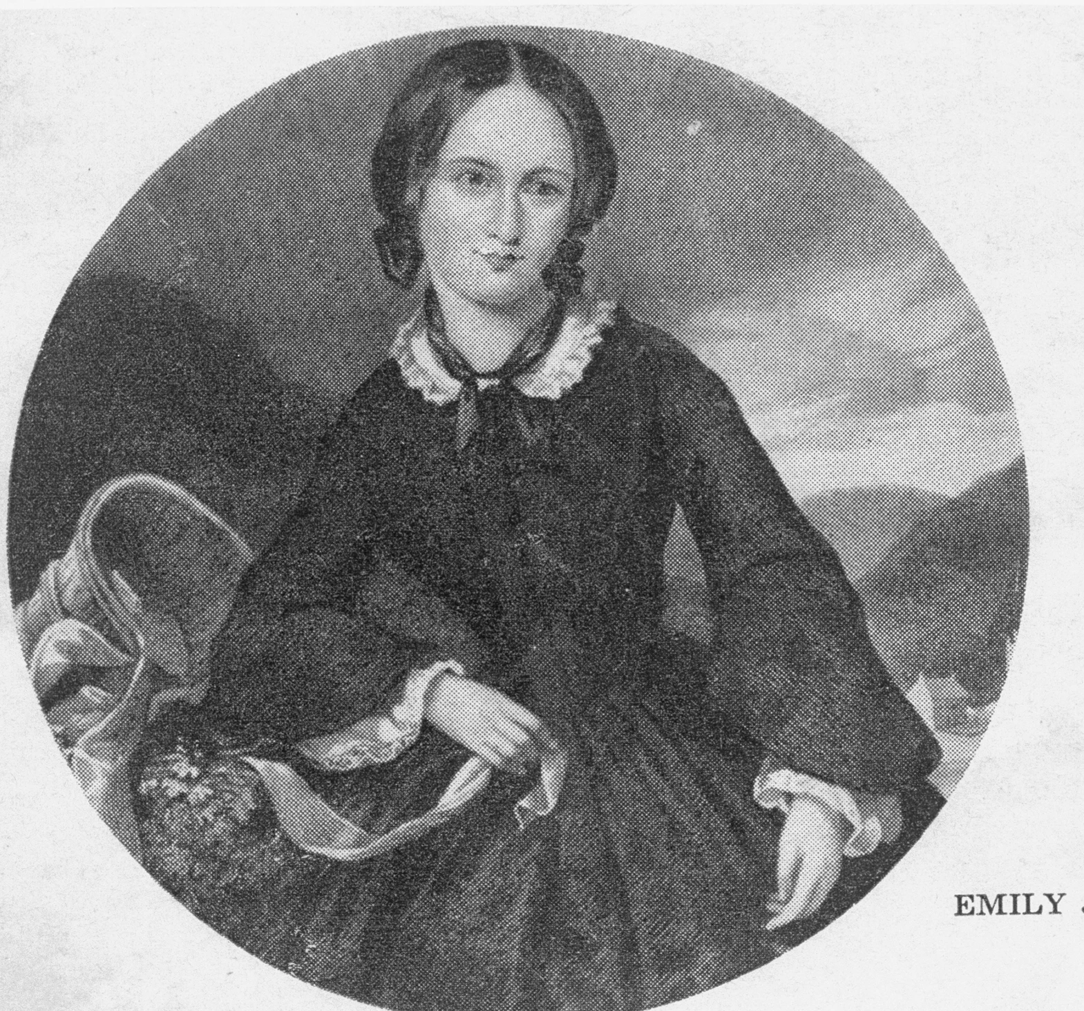 Black and white sketch of Emily Bronte, a young white woman with dark hair pulled into a low bun wearing a simple black dress with white collar