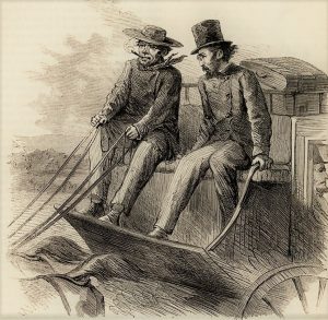 Historic sketch of coach driver Charley Parkhurst, a young transmasculine person smoking a cigar and wearing a brimmed hat while driving a carriage.